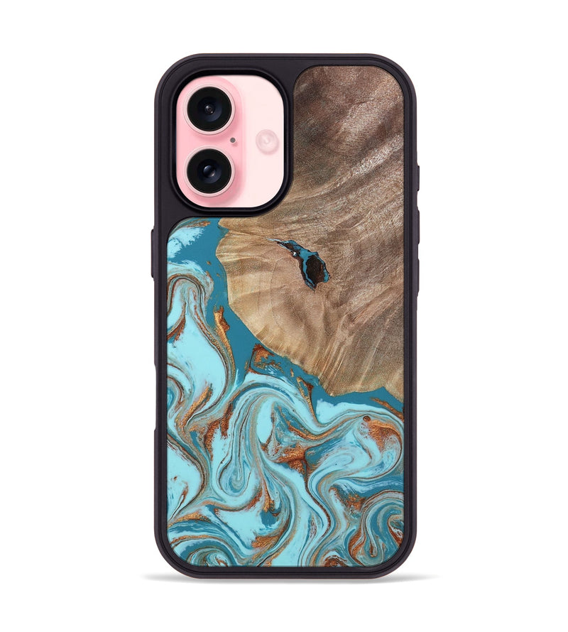 iPhone 16 Wood Phone Case - Britni (Teal & Gold, 808813)