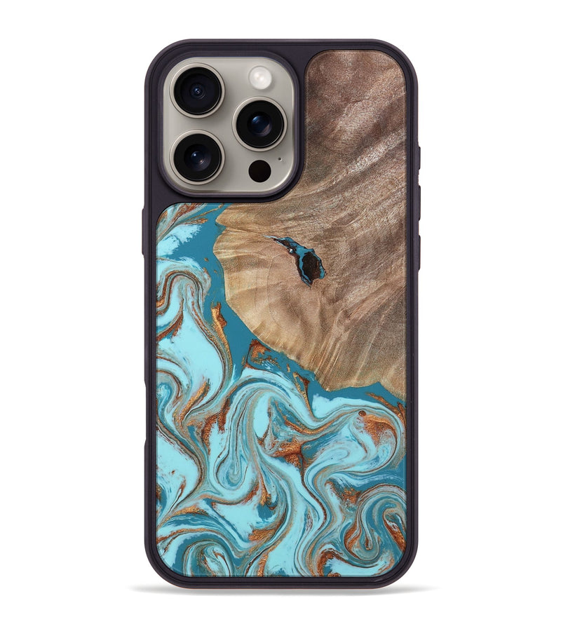 iPhone 16 Pro Max Wood Phone Case - Britni (Teal & Gold, 808813)