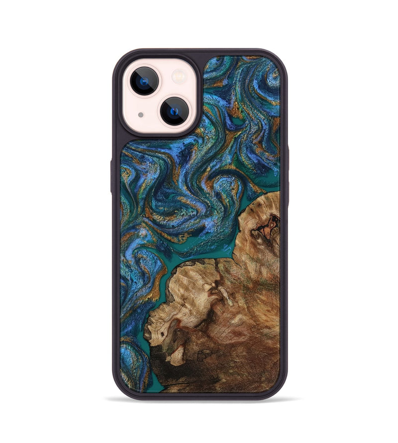 iPhone 14 Wood Phone Case - Brennan (Teal & Gold, 808815)