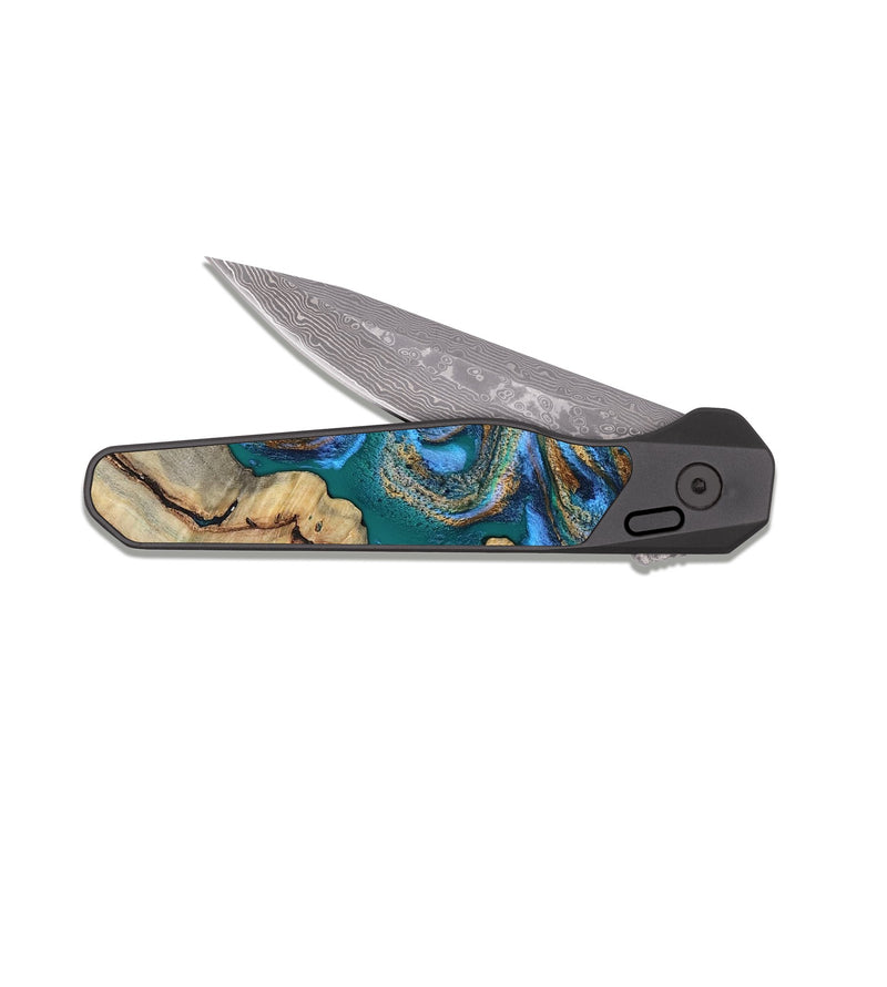 EDC Dark Damascus Wood Pocket Knife - Retha (Teal & Gold, 808823)