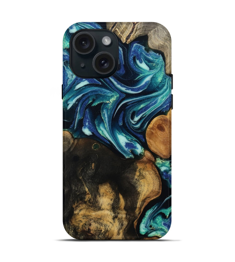 iPhone 15 Wood Live Edge Phone Case - Alessia (Blue, 809007)