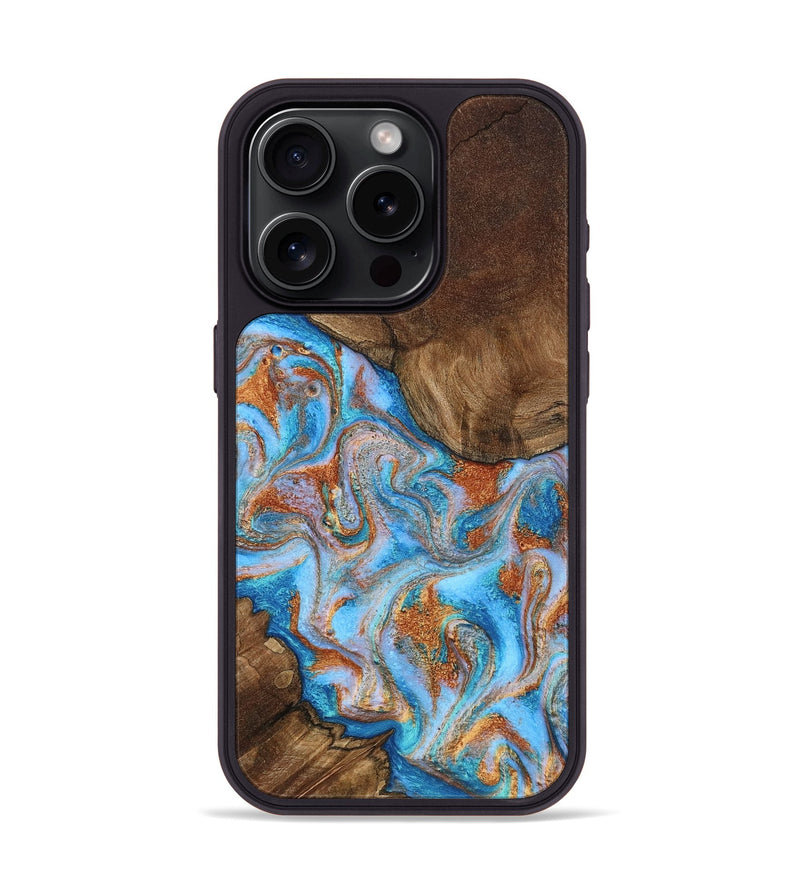iPhone 15 Pro Wood Phone Case - Hilary (Teal & Gold, 809043)