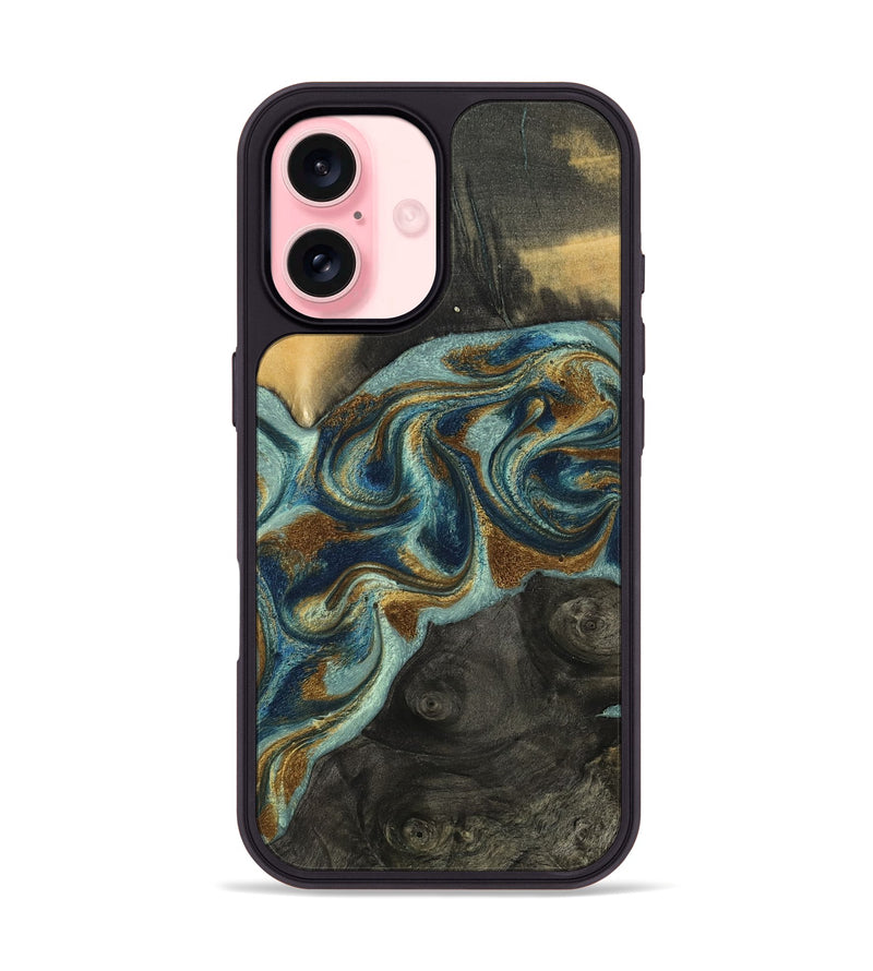 iPhone 16 Wood Phone Case - Nevaeh (Teal & Gold, 809214)