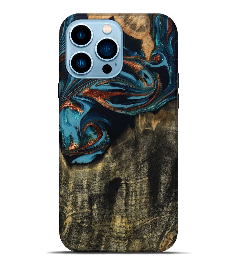iPhone 14 Pro Max Wood Live Edge Phone Case - Jamie (Teal & Gold, 809252)