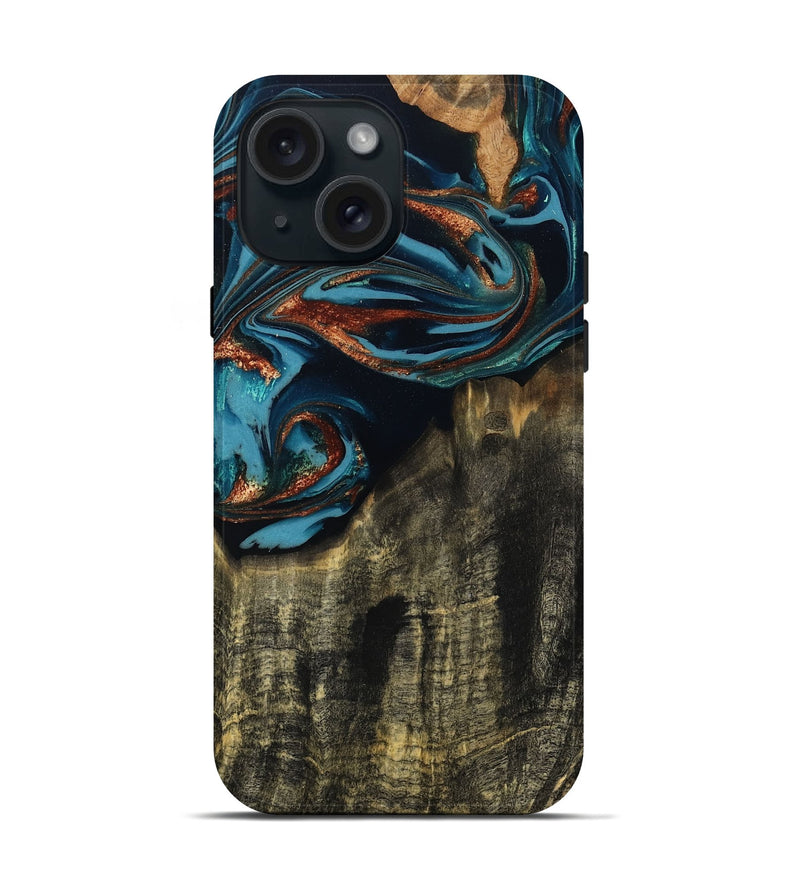 iPhone 15 Wood Live Edge Phone Case - Jamie (Teal & Gold, 809252)