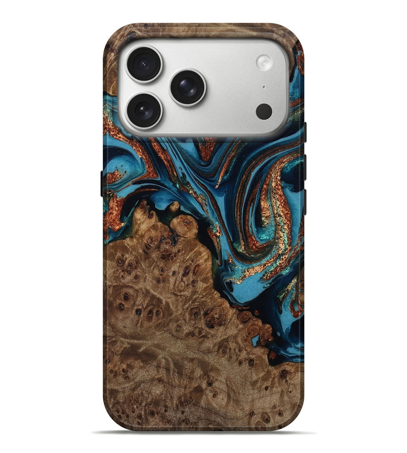 iPhone 17 Pro Max Wood Live Edge Phone Case - Latisha (Teal & Gold, 809273)