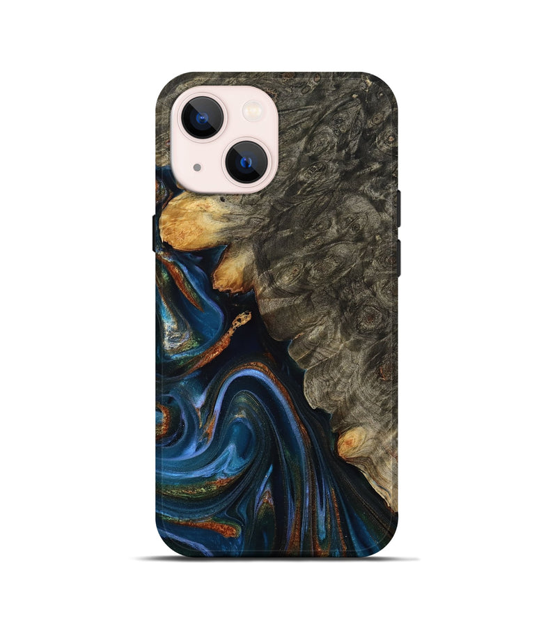 iPhone 13 mini Wood Live Edge Phone Case - Jaylani (Teal & Gold, 809283)