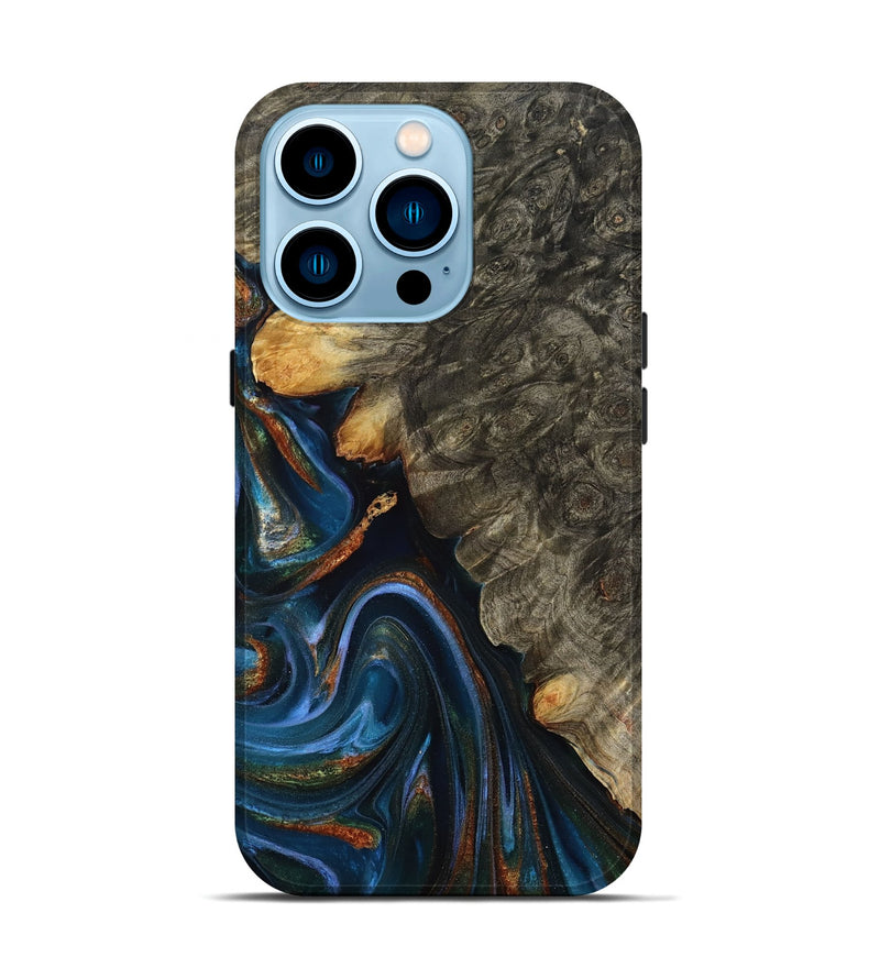 iPhone 14 Pro Wood Live Edge Phone Case - Jaylani (Teal & Gold, 809283)