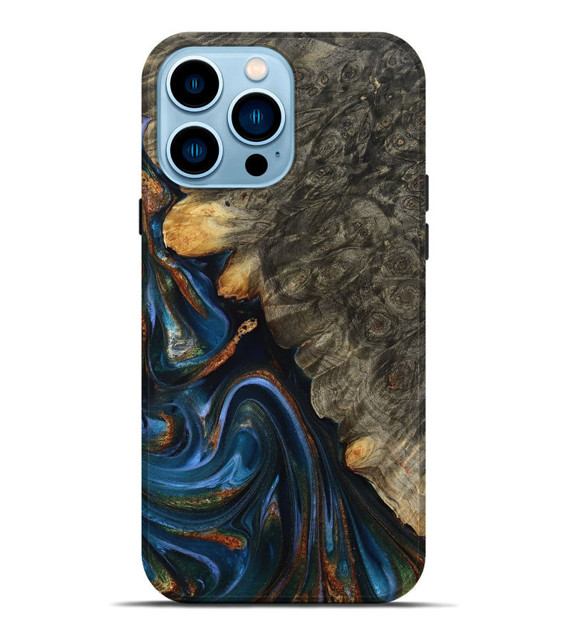 iPhone 14 Pro Max Wood Live Edge Phone Case - Jaylani (Teal & Gold, 809283)