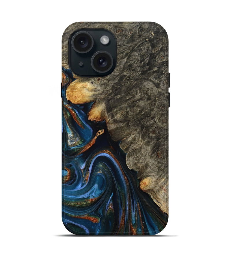 iPhone 15 Wood Live Edge Phone Case - Jaylani (Teal & Gold, 809283)