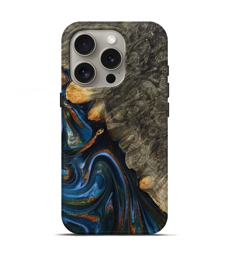 iPhone 16 Pro Wood Live Edge Phone Case - Jaylani (Teal & Gold, 809283)