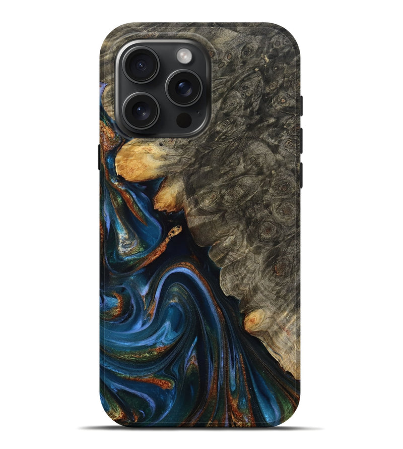 iPhone 16 Pro Max Wood Live Edge Phone Case - Jaylani (Teal & Gold, 809283)