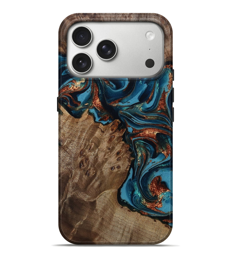 iPhone 17 Pro Max Wood Live Edge Phone Case - Laraine (Teal & Gold, 809286)