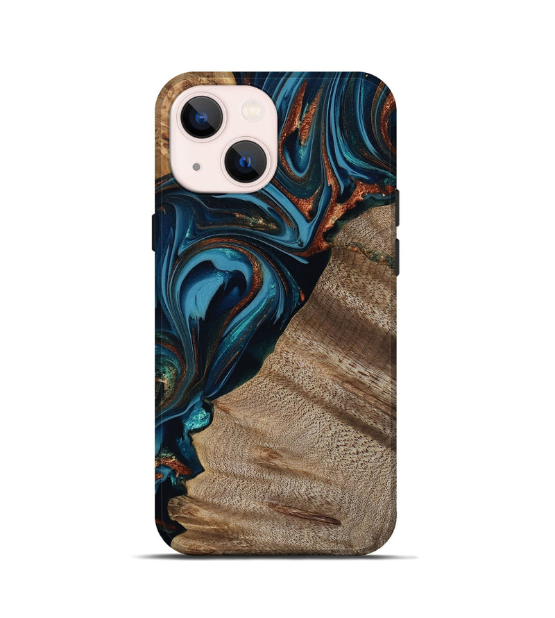 iPhone 13 mini Wood Live Edge Phone Case - Rodrigo (Teal & Gold, 809311)