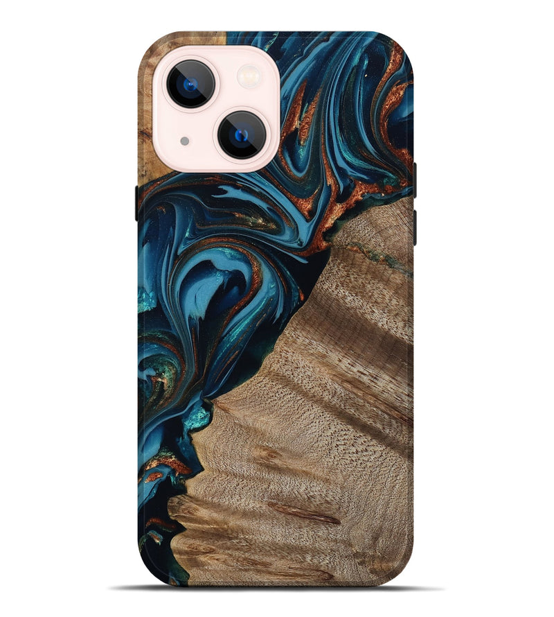 iPhone 14 Plus Wood Live Edge Phone Case - Rodrigo (Teal & Gold, 809311)