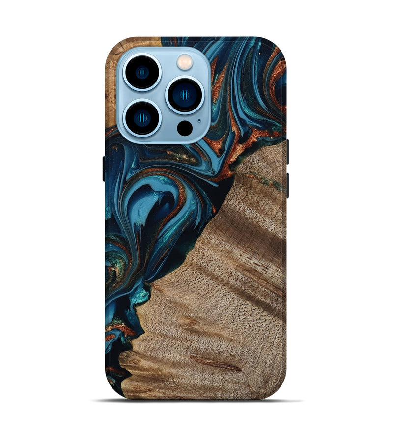 iPhone 14 Pro Wood Live Edge Phone Case - Rodrigo (Teal & Gold, 809311)