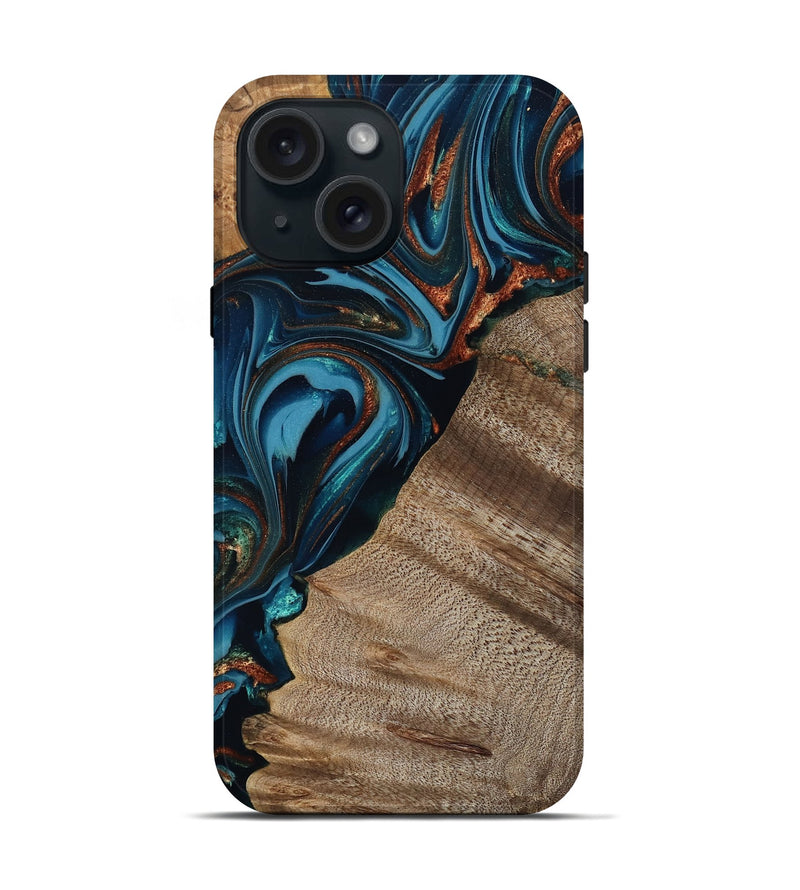 iPhone 15 Wood Live Edge Phone Case - Rodrigo (Teal & Gold, 809311)