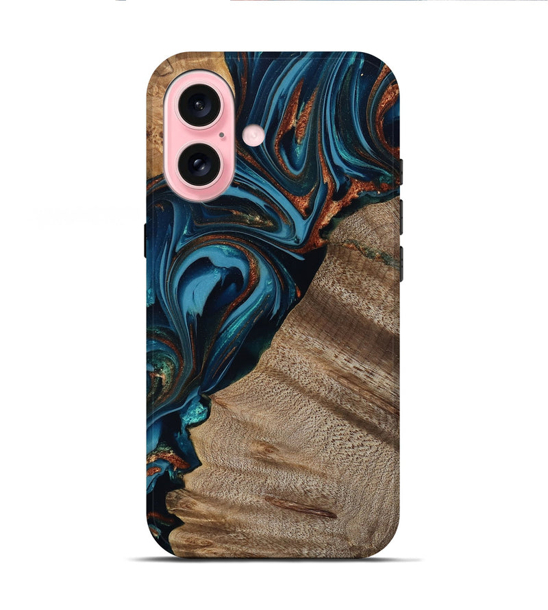 iPhone 16 Wood Live Edge Phone Case - Rodrigo (Teal & Gold, 809311)