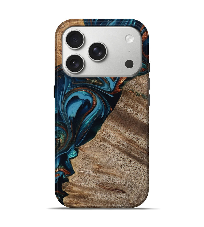 iPhone 17 Pro Wood Live Edge Phone Case - Rodrigo (Teal & Gold, 809311)