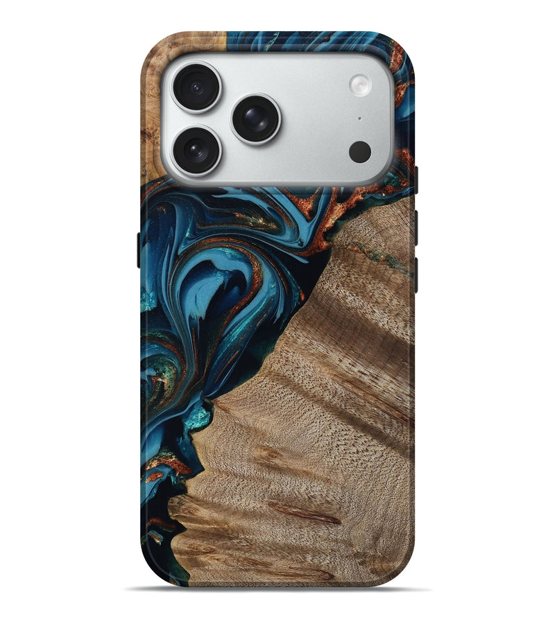 iPhone 18 Pro Max Wood Live Edge Phone Case - Rodrigo (Teal & Gold, 809311)