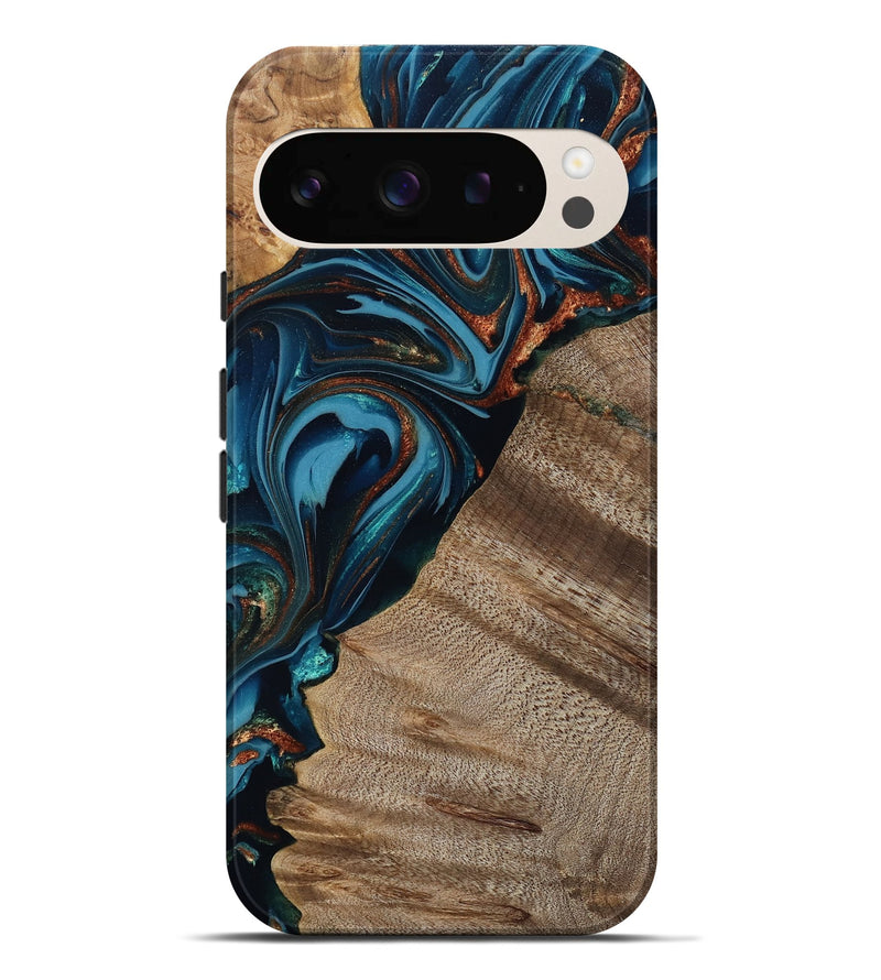 Pixel 9 Pro XL Wood Live Edge Phone Case - Rodrigo (Teal & Gold, 809311)
