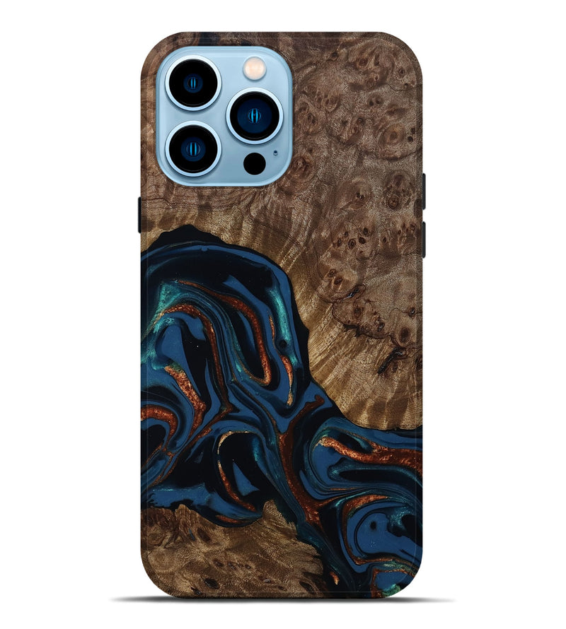 iPhone 14 Pro Max Wood Live Edge Phone Case - Velda (Teal & Gold, 809433)