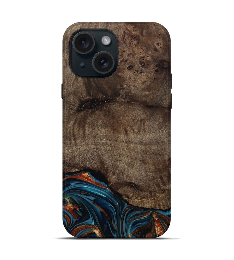 iPhone 15 Wood Live Edge Phone Case - Skyler (Teal & Gold, 809440)