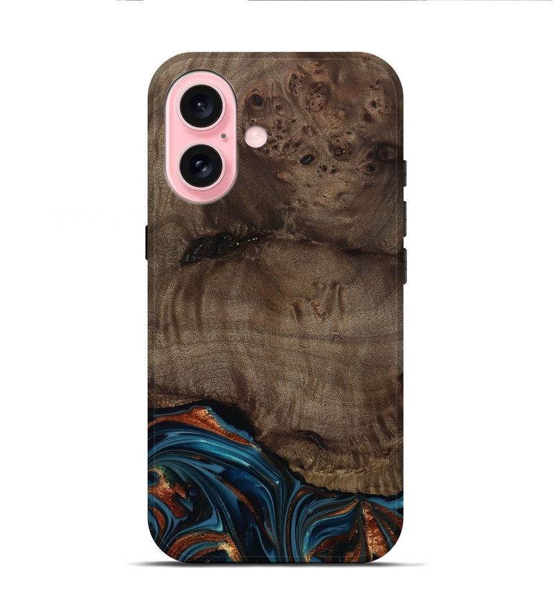 iPhone 16 Wood Live Edge Phone Case - Skyler (Teal & Gold, 809440)