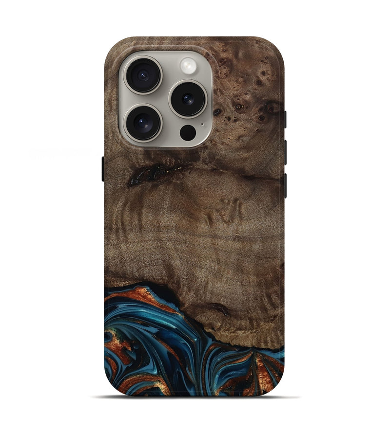 iPhone 16 Pro Wood Live Edge Phone Case - Skyler (Teal & Gold, 809440)