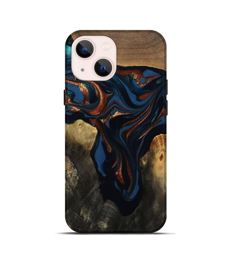 iPhone 13 mini Wood Live Edge Phone Case - Phoebe (Teal & Gold, 809448)