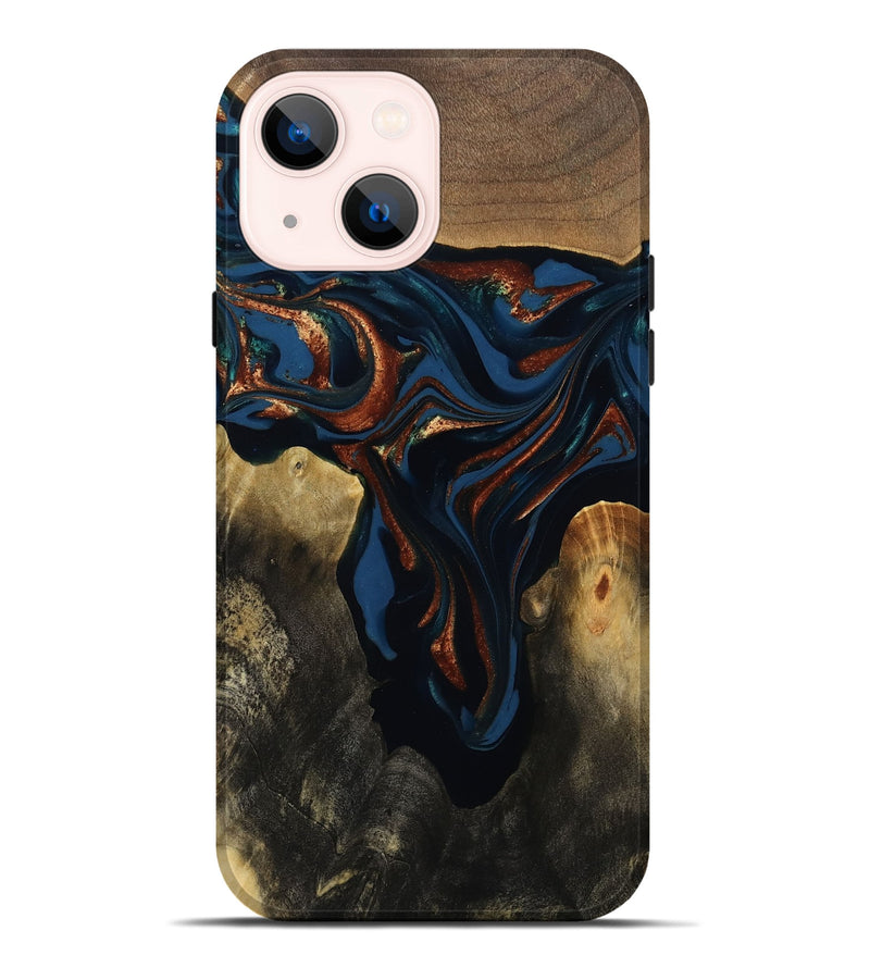 iPhone 14 Plus Wood Live Edge Phone Case - Phoebe (Teal & Gold, 809448)