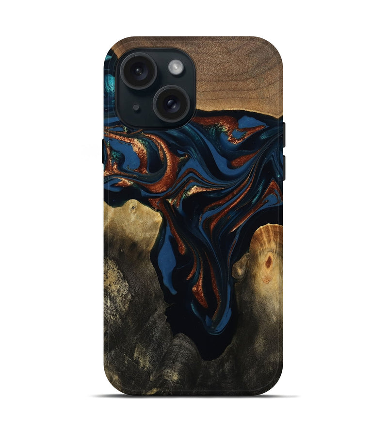 iPhone 15 Wood Live Edge Phone Case - Phoebe (Teal & Gold, 809448)