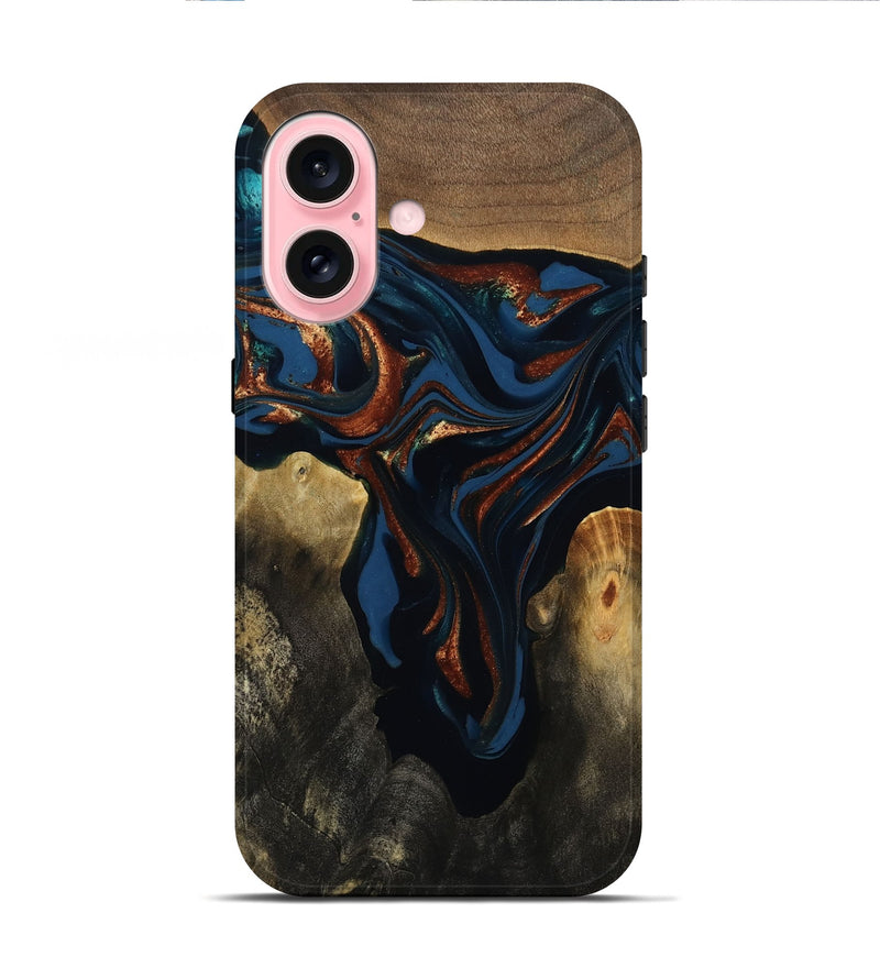 iPhone 16 Wood Live Edge Phone Case - Phoebe (Teal & Gold, 809448)