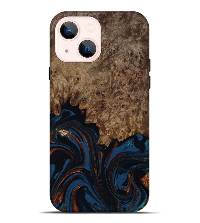 iPhone 14 Plus Wood Live Edge Phone Case - Roger (Teal & Gold, 809468)