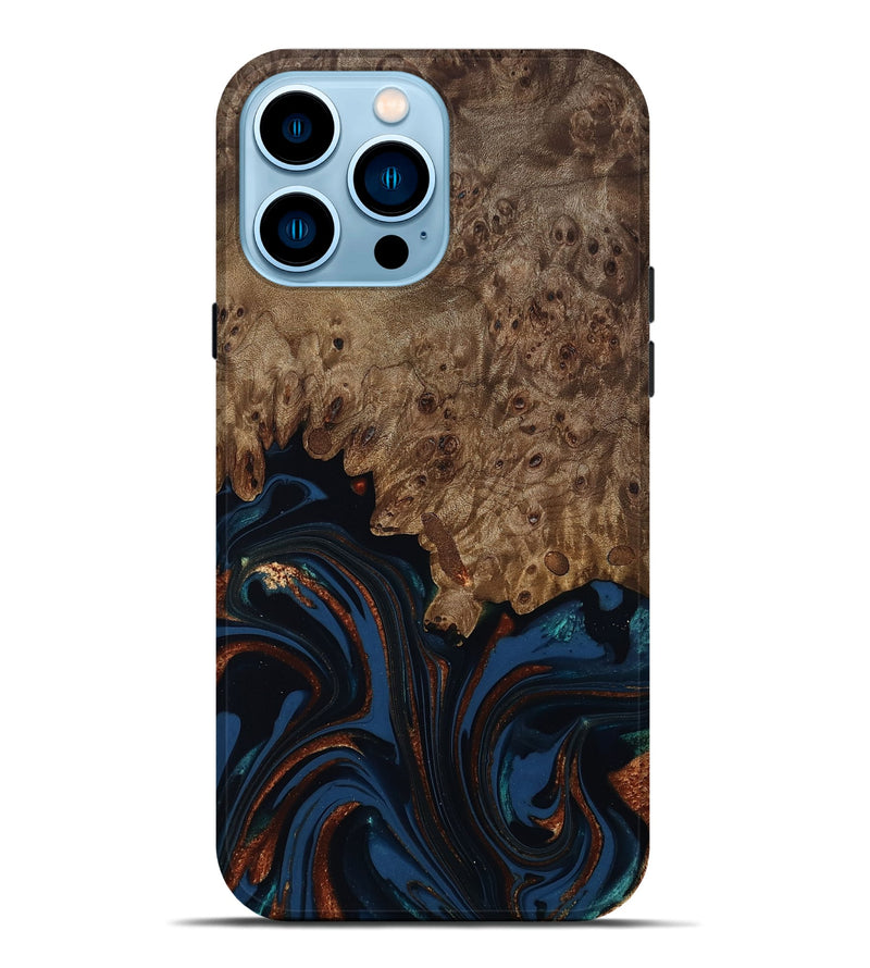 iPhone 14 Pro Max Wood Live Edge Phone Case - Roger (Teal & Gold, 809468)