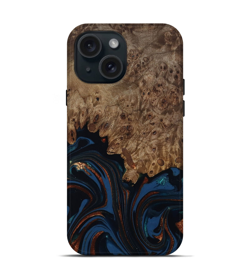 iPhone 15 Wood Live Edge Phone Case - Roger (Teal & Gold, 809468)