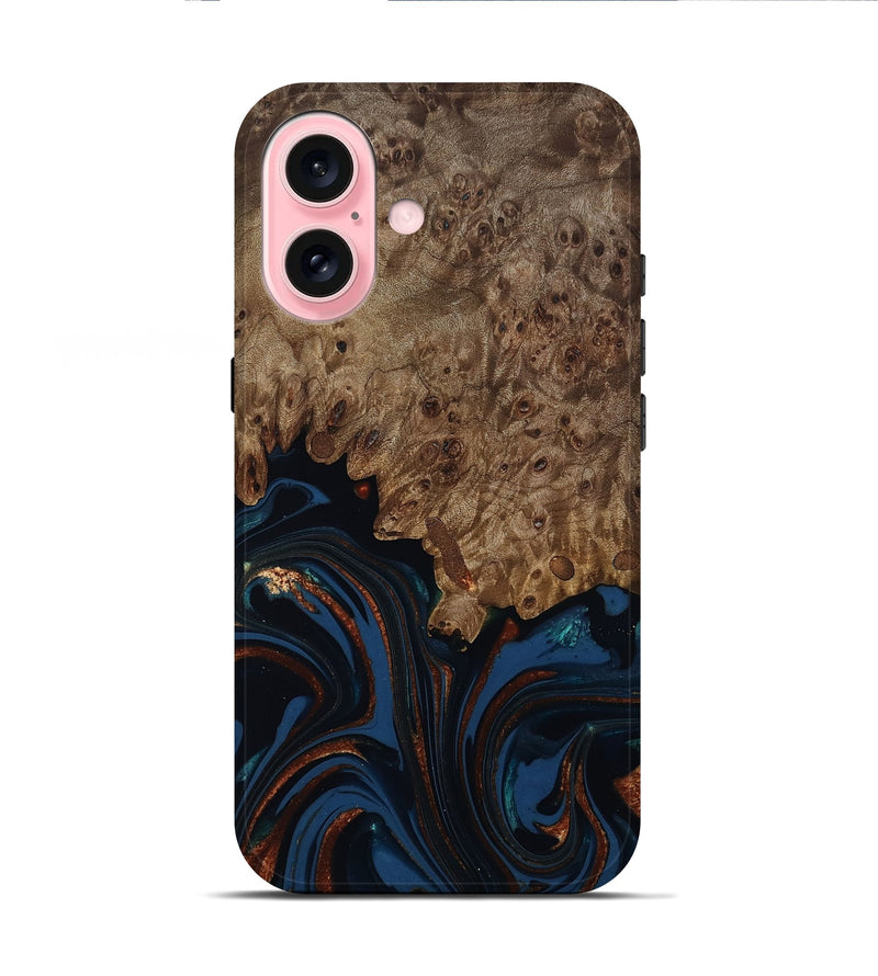 iPhone 16 Wood Live Edge Phone Case - Roger (Teal & Gold, 809468)
