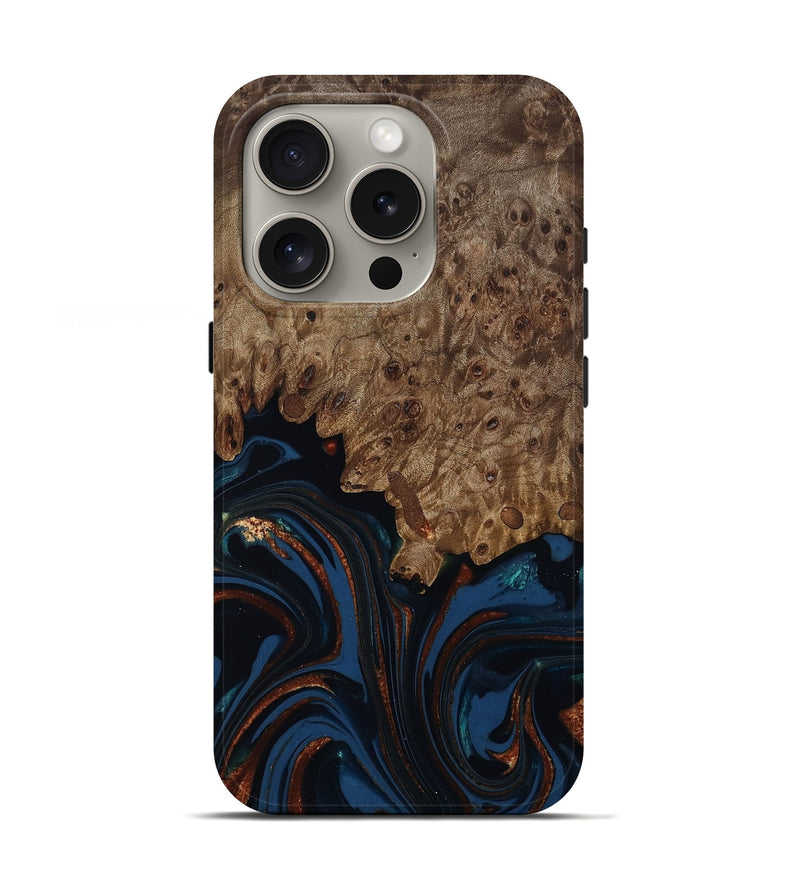 iPhone 16 Pro Wood Live Edge Phone Case - Roger (Teal & Gold, 809468)