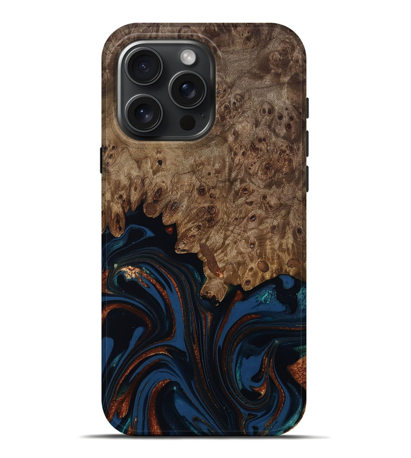 iPhone 16 Pro Max Wood Live Edge Phone Case - Roger (Teal & Gold, 809468)