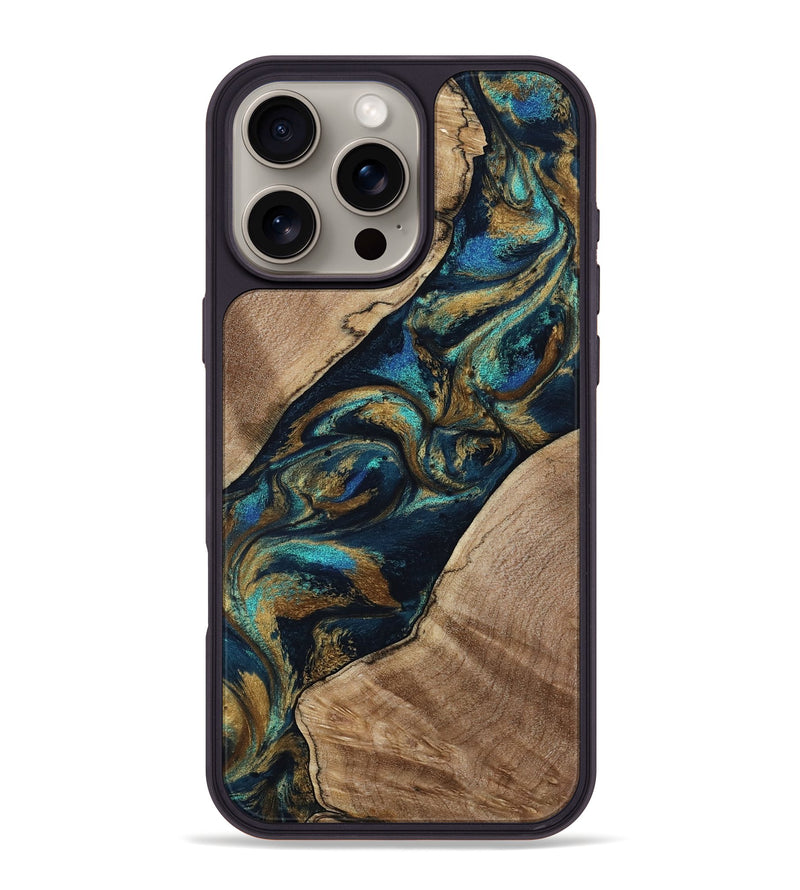 iPhone 16 Pro Max Wood Phone Case - Ed (Teal & Gold, 809690)