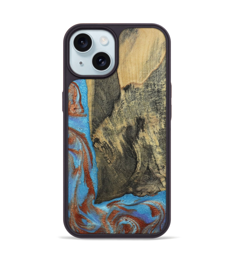 iPhone 15 Wood Phone Case - Ivette (Teal & Gold, 809691)