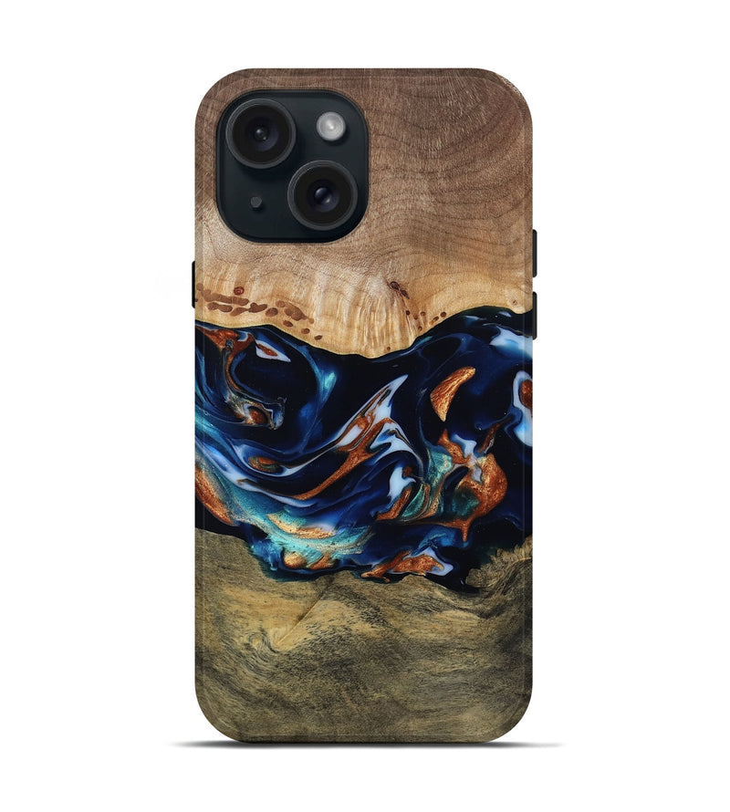 iPhone 15 Wood Live Edge Phone Case - Adley (Teal & Gold, 809780)