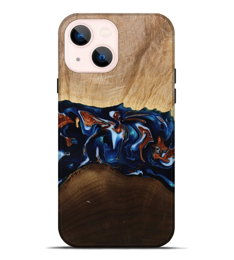iPhone 14 Plus Wood Live Edge Phone Case - Jeromy (Teal & Gold, 809797)