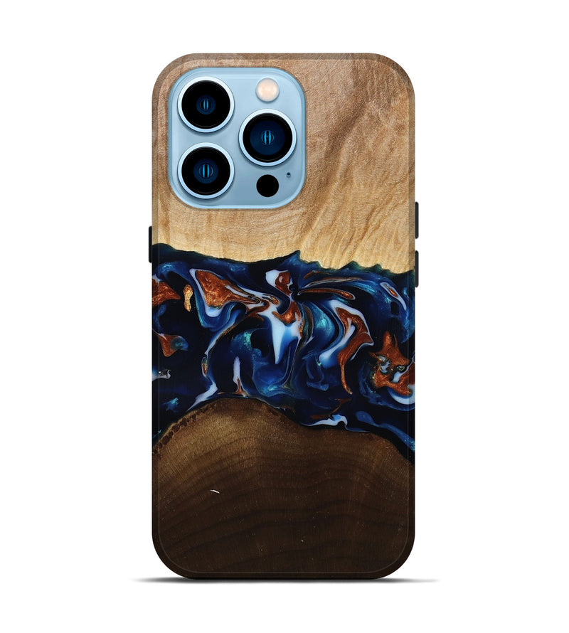 iPhone 14 Pro Wood Live Edge Phone Case - Jeromy (Teal & Gold, 809797)