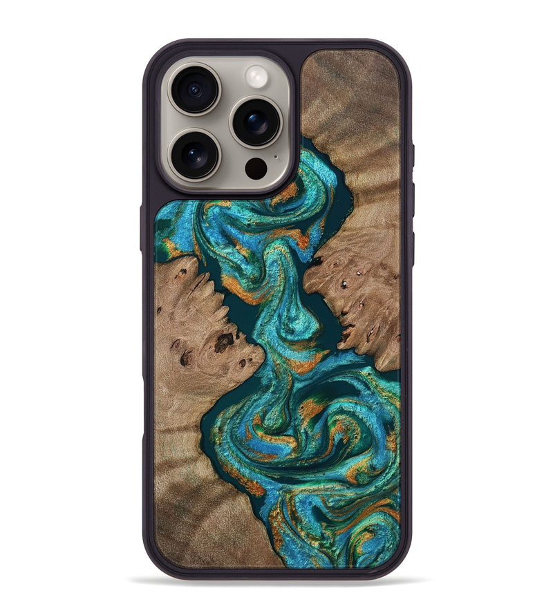iPhone 16 Pro Max Wood Phone Case - Shelva (Teal & Gold, 809812)