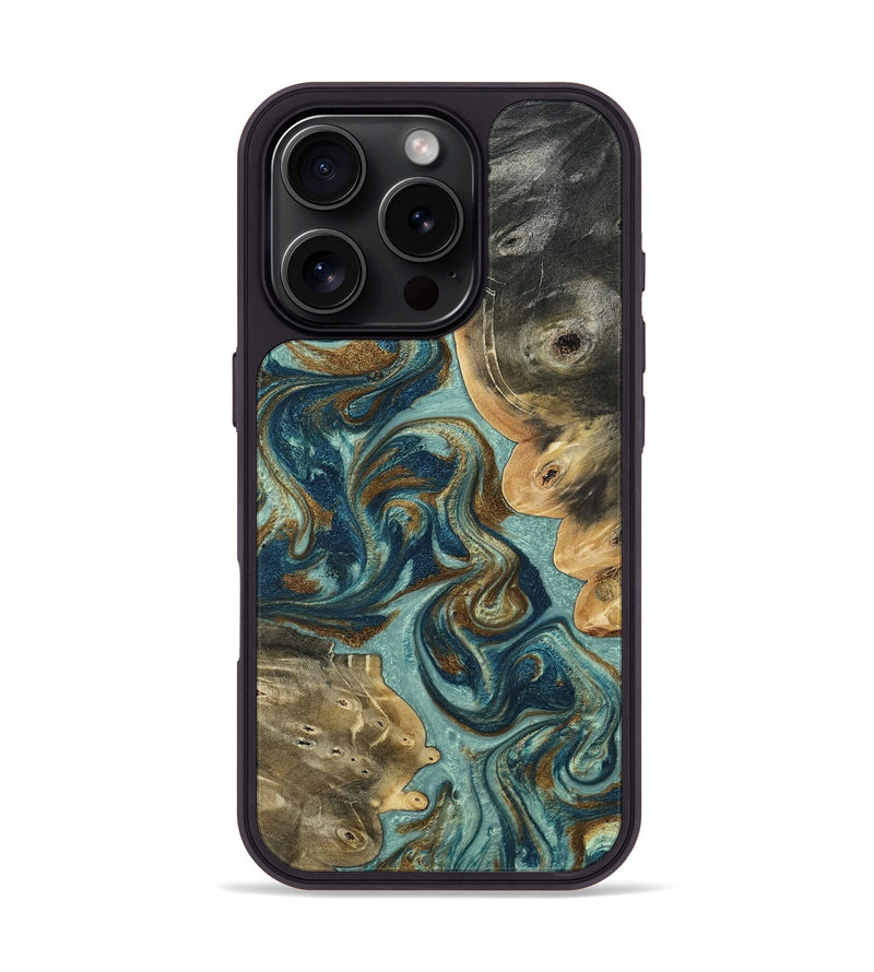 iPhone 16 Pro Wood Phone Case - Ryker (Teal & Gold, 809817)