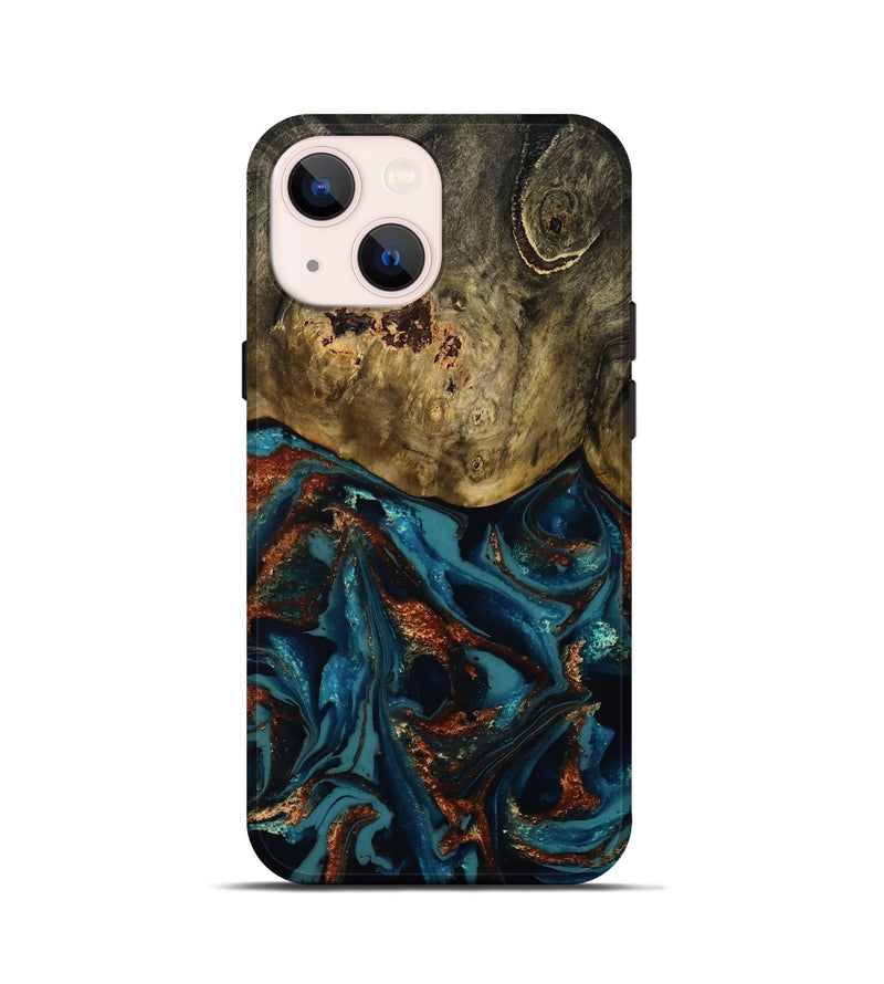 iPhone 13 mini Wood Live Edge Phone Case - Camila (Teal & Gold, 809906)