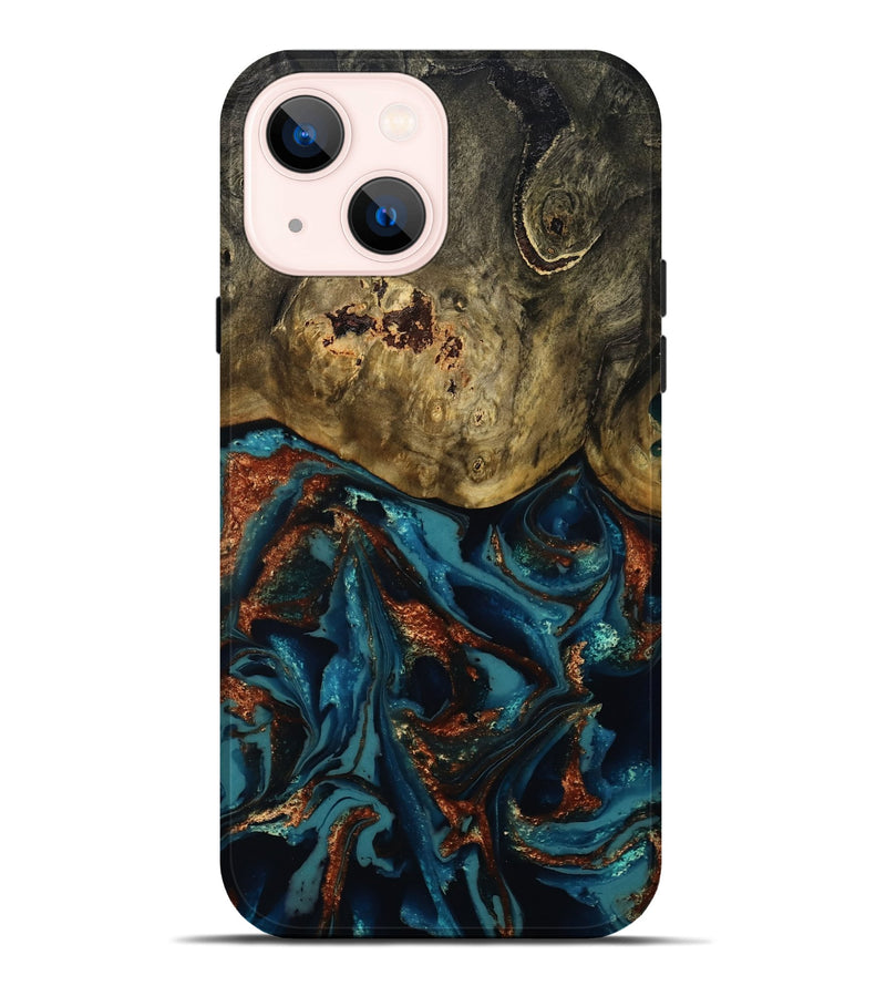 iPhone 14 Plus Wood Live Edge Phone Case - Camila (Teal & Gold, 809906)