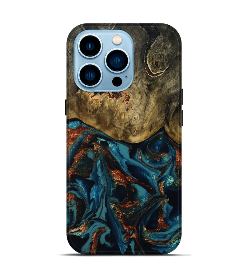 iPhone 14 Pro Wood Live Edge Phone Case - Camila (Teal & Gold, 809906)
