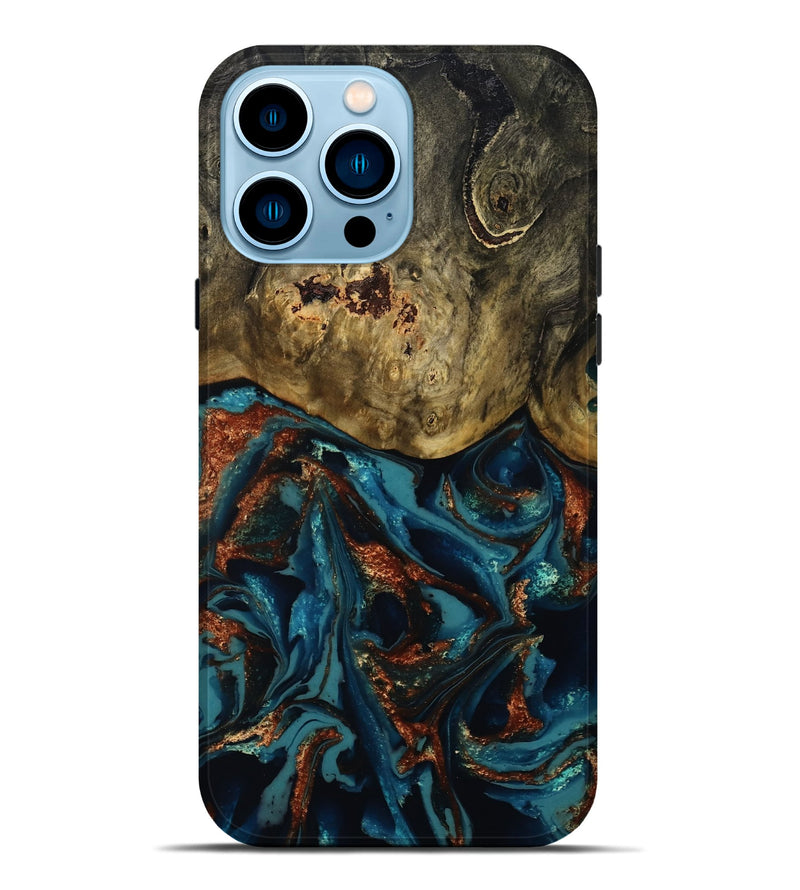 iPhone 14 Pro Max Wood Live Edge Phone Case - Camila (Teal & Gold, 809906)